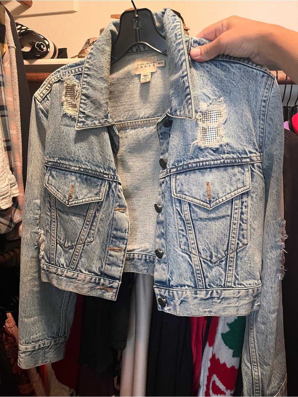 Alice + Olivia Light Blue Distressed Cropped Denim Jacket